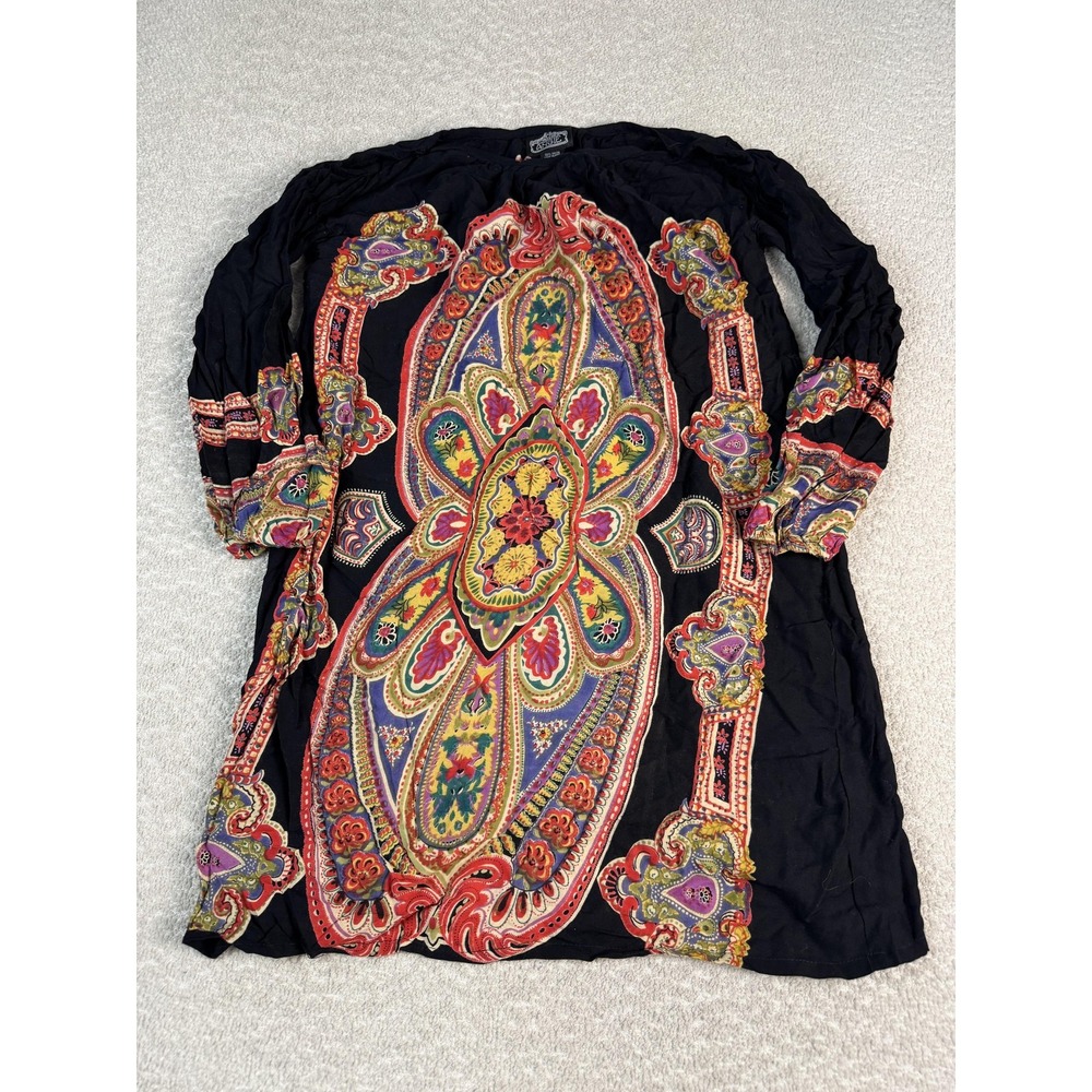 Angie Dress Womens Small Black Boho Paisley Print Long Sleeve Rayon Tunic